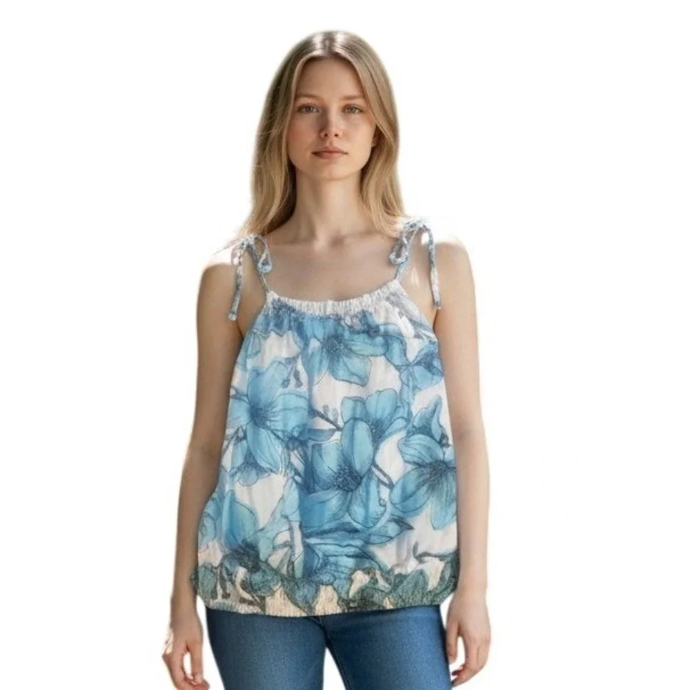 Old Navy Womens XL Light Blue Floral Off The Shoulder Peasant Top Puff Sleeve